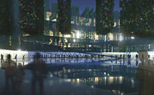 view of basin and garden at night within the court yard view of basin and garden at night within the court yard